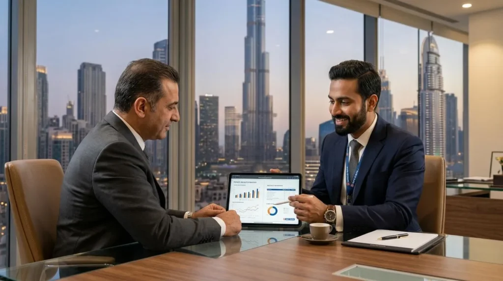 financial consultancy services in Dubai advisor meeting with client